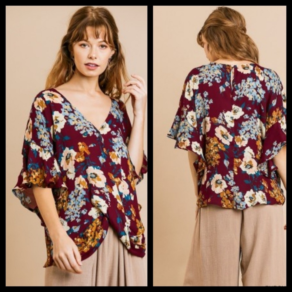 UMGEE Floral Print Top with Front Knot Details
